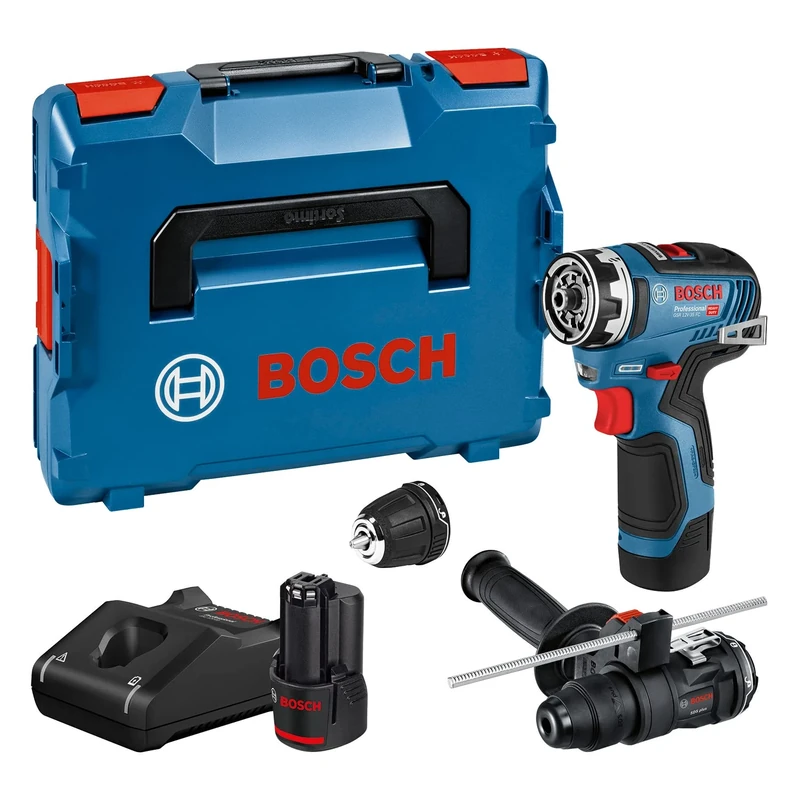Bosch Professional 12 V System Cordless Drill GSR 12V-35 FC - FlexiClick System (Including 2X Batteries GBA 12V 3.0Ah, GAL 12V-40, 2X FlexiClick Attachments, Additional Handle, Depth Gauge, L-BOXX)