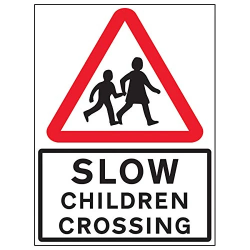 VSafety Slow, Children Crossing - 600x800mm Class RA1 Reflective 3mm Aluminium Composite With Anti-Graffiti Coating & Fixing Channel Safety Sign