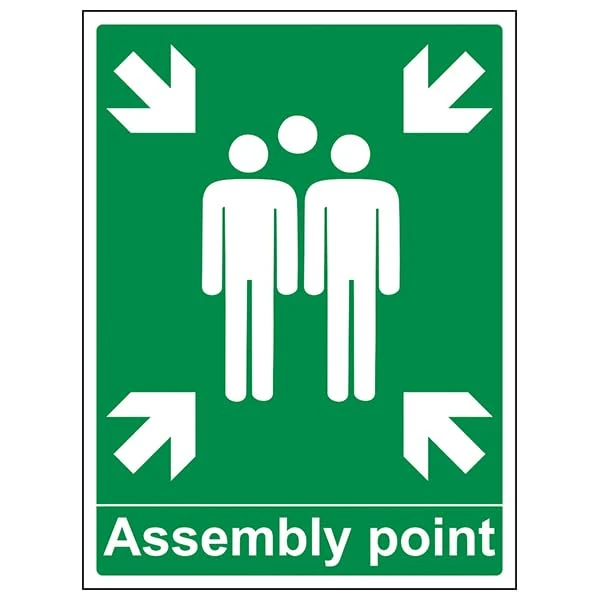 V Safety Assembly Point with Family - 600x800mm Class RA1 Reflective 3mm Aluminium Composite With Anti-Graffiti Coating & Fixing Channel Safety Sign