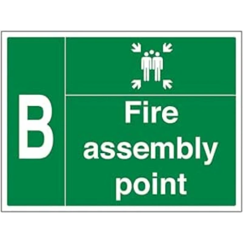 V Safety Fire Assembly Point w/Family - B - 800x600mm 2mm Rigid Plastic Safety Sign