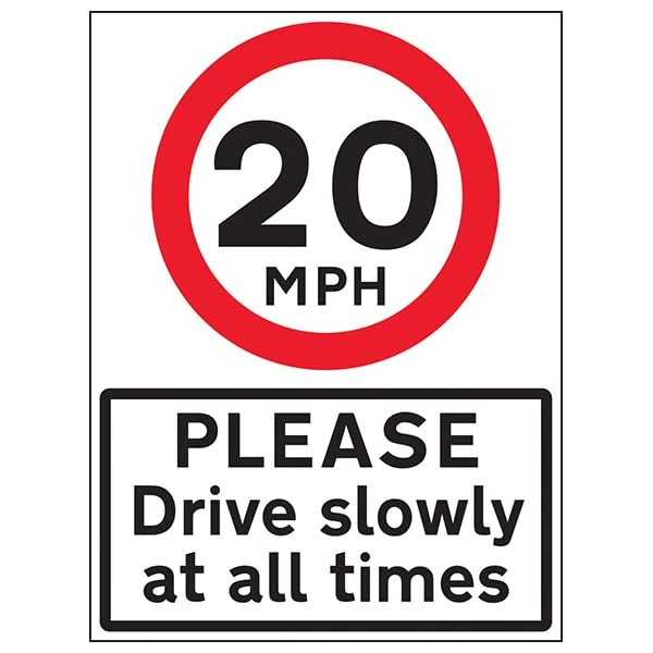 VSafety 20 MPH Please Drive Slowly - 600x800mm Class RA1 Reflective 3mm Aluminium Composite Safety Sign - Image 1