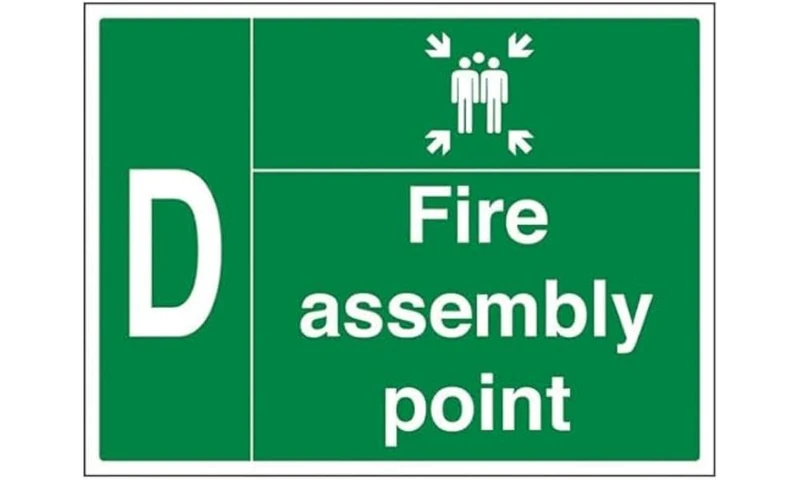 VSafety Fire Assembly Point w/Family - D - 800x600mm 2mm Rigid Plastic Safety Sign