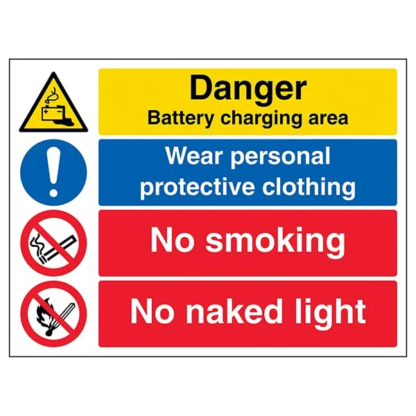 V Safety Danger Battery/PPE/No Smoking/No Naked Light-800x600mm 2mm Rigid Plastic Safety Sign