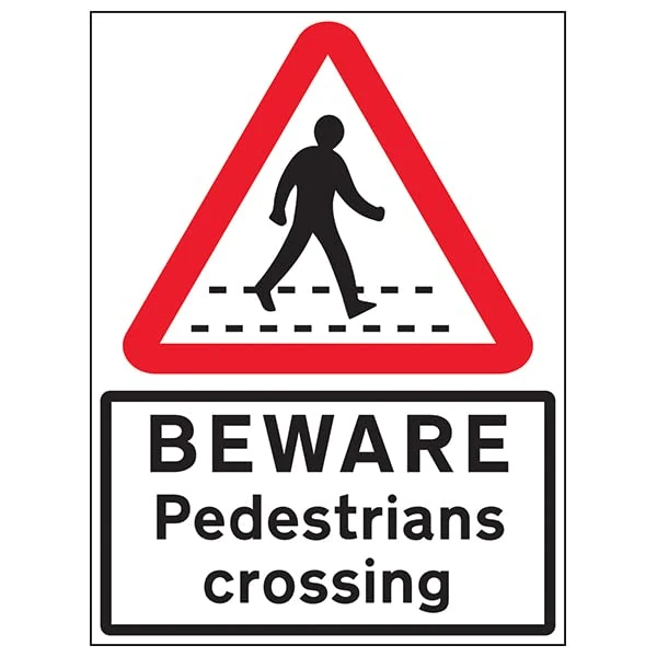 VSafety Beware Pedestrian Crossing - 600x800mm 3mm Aluminium Composite With Anti-Graffiti Coating & Fixing Channel Safety Sign