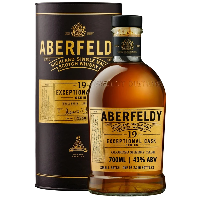 Aberfeldy 19 Year Old Rare Exceptional Cask Oloroso Sherry Finish, Highland Single Malt Scotch Whisky with gift Tube, Numbered Batch Whisky, 43% ABV, 70cl / 700ml