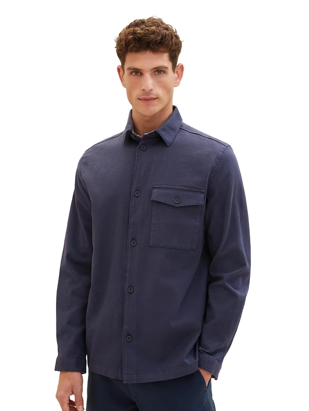TOM TAILOR Men's Dobby Overshirt Shirt with High Stretch, 32374-navy Zig zag Structure, XL
