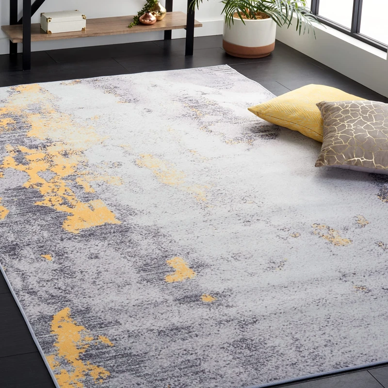 Safavieh Abstract Rug Optimal for High Traffic Areas, Machine Washable and Slip Resistant, Tacoma Collection, Short Pile, in Grey and Gold, 183 X 183 cm - Image 1