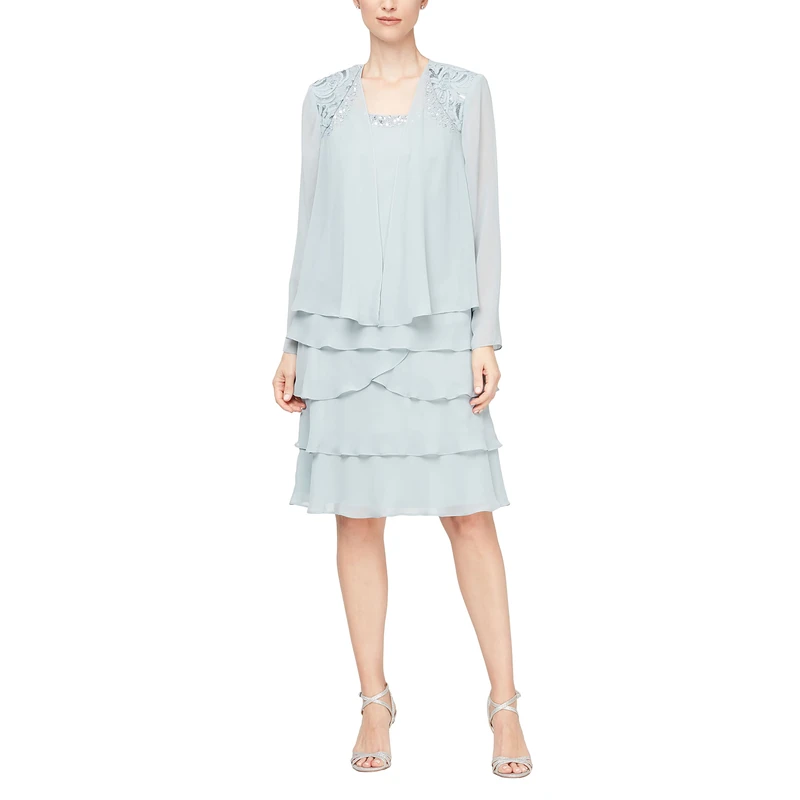 S.L. Fashions Women's Mother of The Bride Tiered Jacket Dress with Shoulder Embellishment, (Petite and Regular Sizes) Special Occasion, Aloe, 20