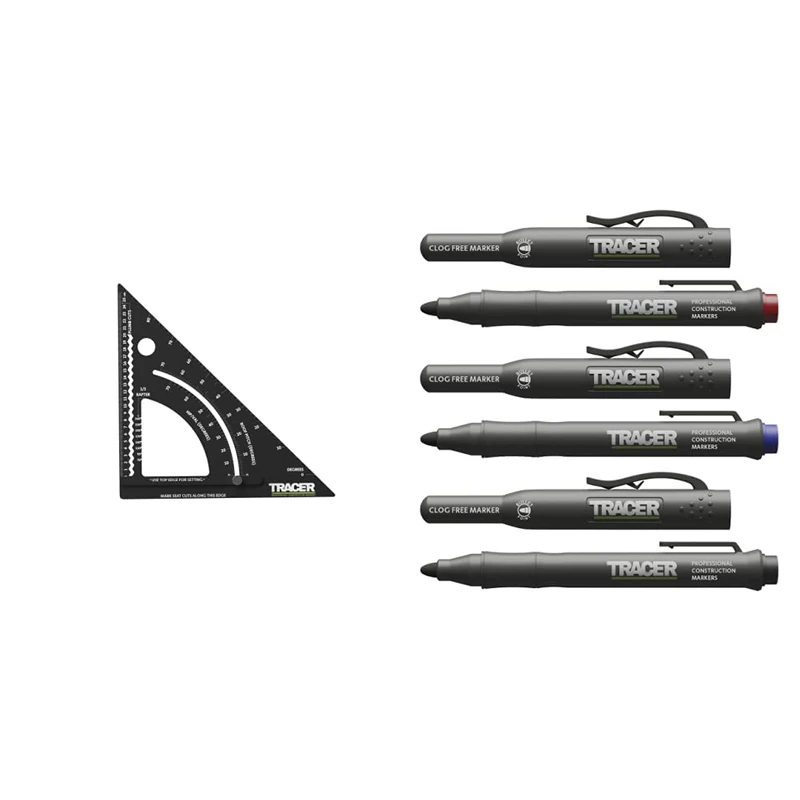 TRACER 12" ProSquare Adjustable Measuring Tool & Clog-Free Construction Marker Kit with Site Holster - Black, Blue, and Red