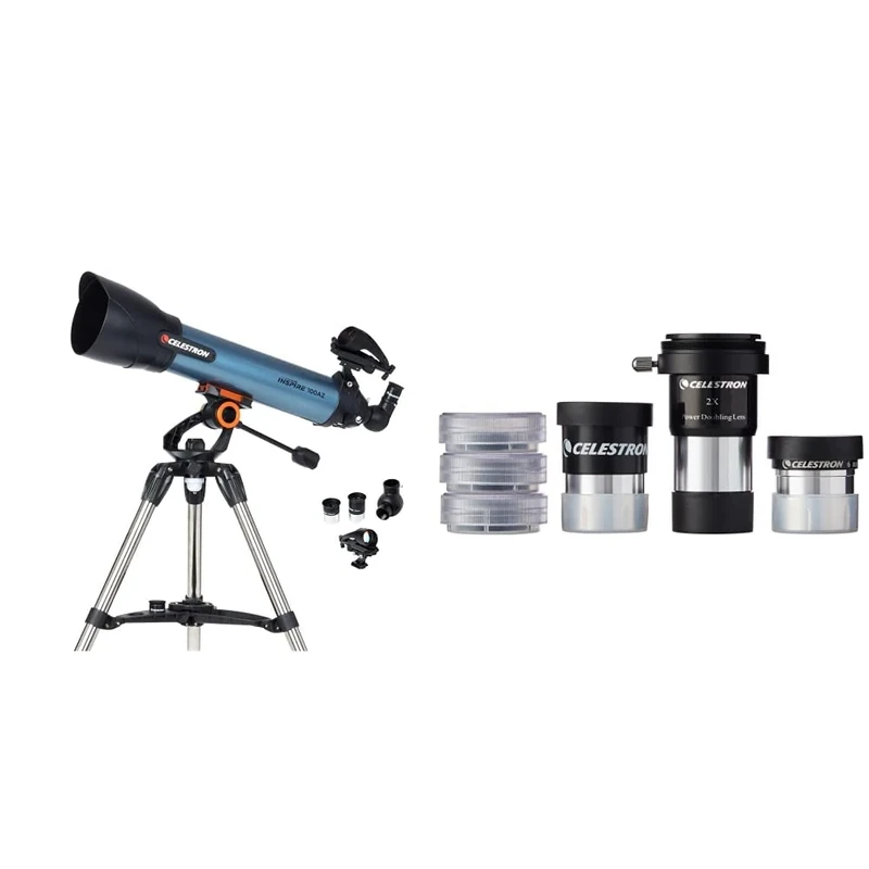 Celestron 22403 Inspire 100AZ Refractor Smartphone Adapter Built-In Refracting Telescope - Blue & 94307 AstroMaster Telescope Accessory Kit, Black