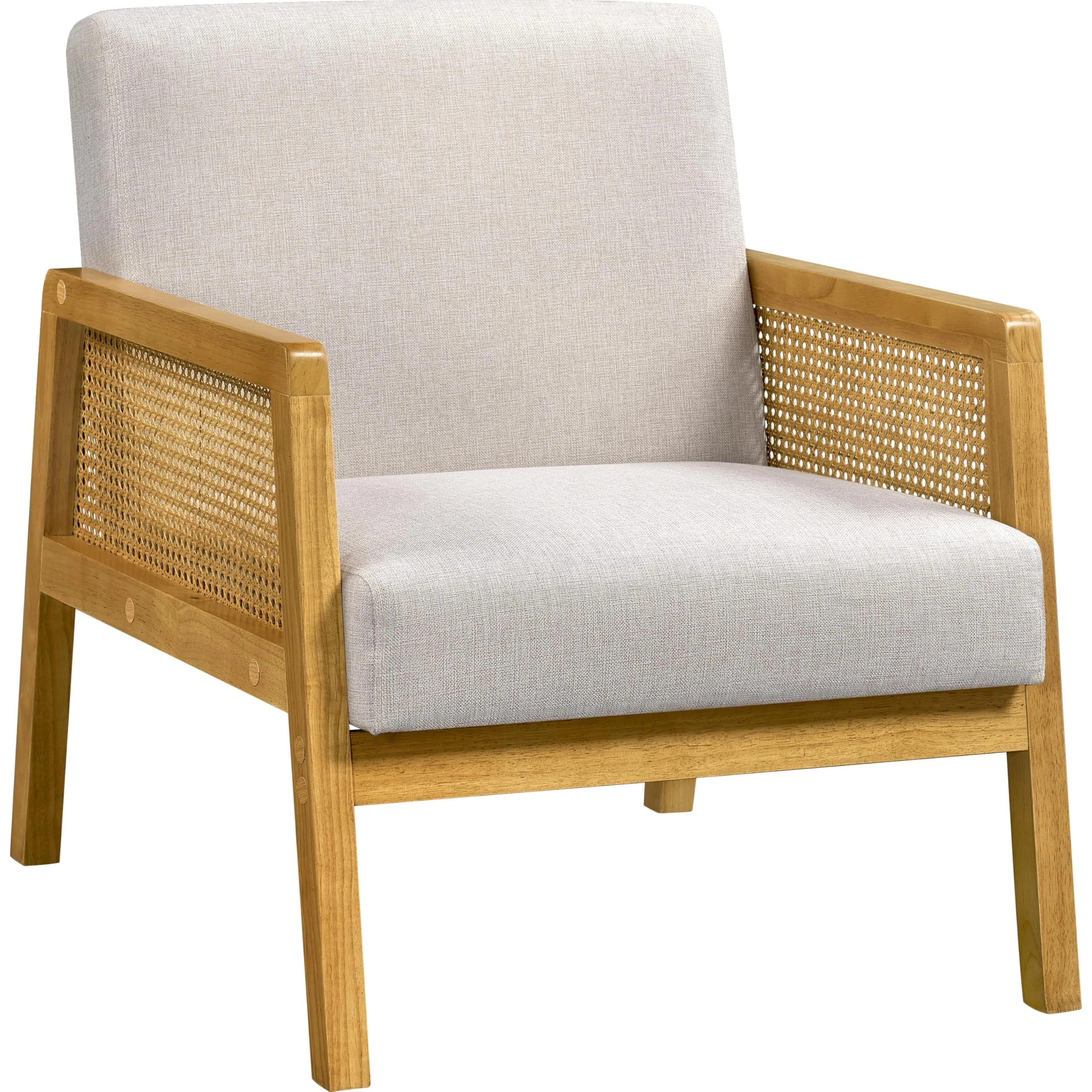 Yaheetech Linen Fabric Accent Chair, Modern Armchair with Rattan Sides, Vintage Vanity Chair for Living Rooms, Bedrooms, Beige