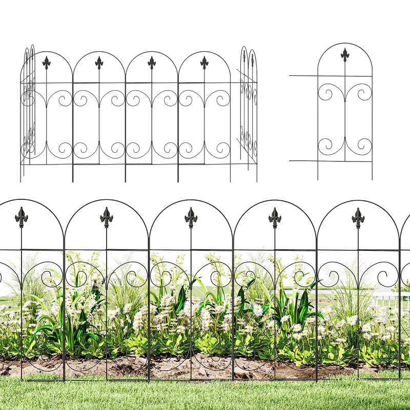 Outsunny Decorative Garden Fencing, 8PCs 44in x 12.5ft Outdoor Picket Fence Panels, Rustproof Metal Wire Landscape Flower Bed Border Edging, Black