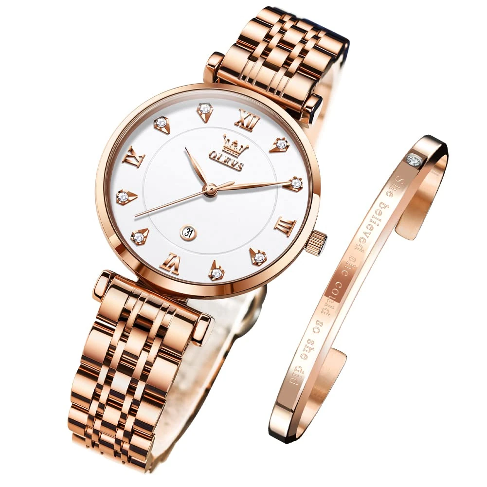 OLEVS Watches for Women Rose Gold Fashion Elegant Dress Diamond Analog Quartz Ladies Watches Stainless Steel Date Waterproof Women's Watches