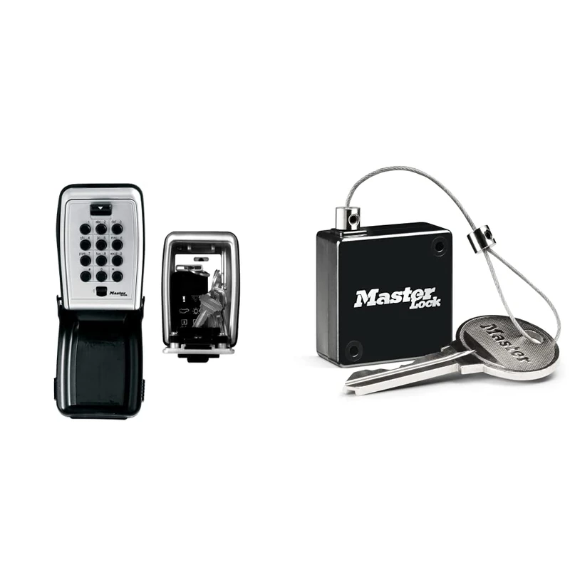 MASTER LOCK Key Safe [Wall mounted] [Push-Button Combination] [Weatherproof - Outdoor] - 5423EURD - Key Lock Box & 5490EURD Retractable Tether for Key Safe, Up to 91 cm Long, Black, 0 cm x 0 cm x 0 cm