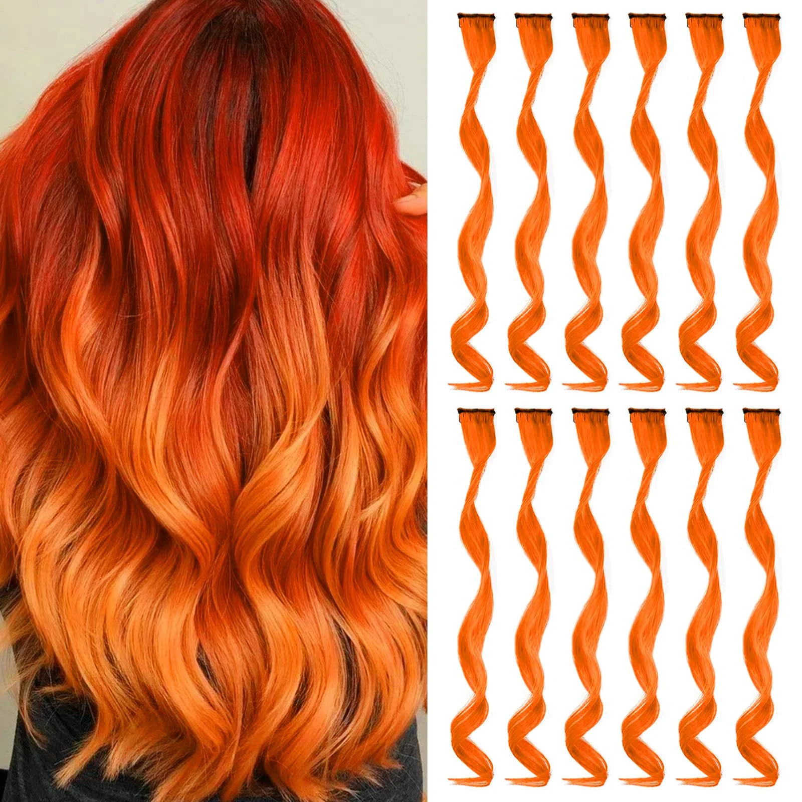 Orange Hair Extensions Clip In for Girls 22 Inch Colorful Curly Wavy Hair Extensions for Party Highlights Colored Hair Accessories Hair Pieces for Women（12 PCS Orange)