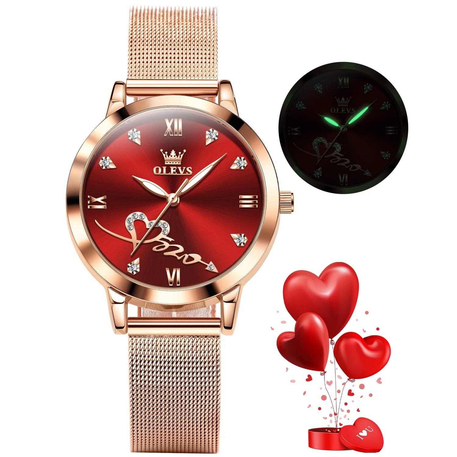 OLEVS Ladies Watches Rose Gold Mesh Strap Fashion Dress Japanese Quartz Waterproof Luminous Female Watches for Women Bracelet Sets