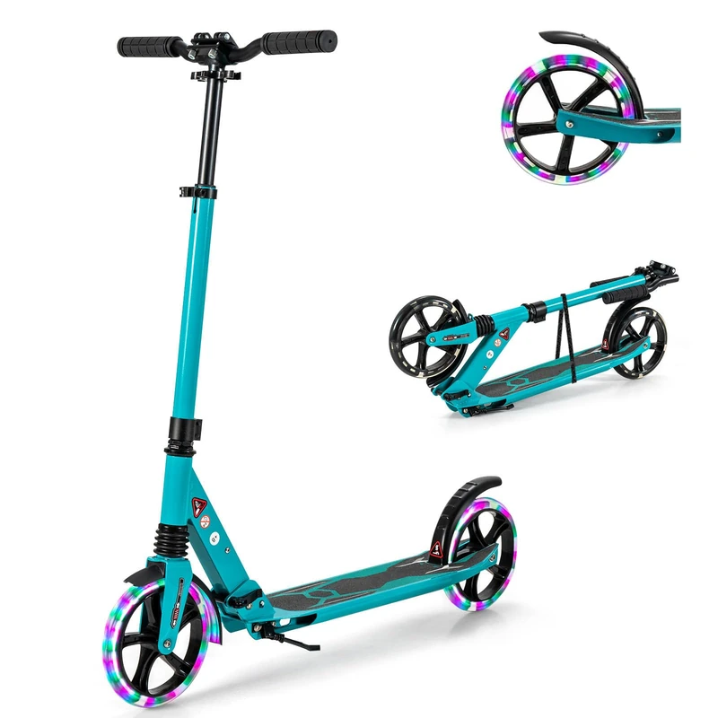 GYMAX Foldable Kick Scooter, Height Adjustable City Scooter with Light Up Wheels, Shock-Absorbing System, Non-Slip Deck & Rear Brake, Lightweight Scooters for Kids Adults and Teens (Green)
