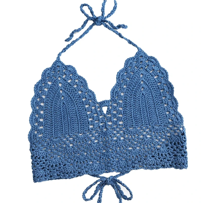 Women Crochet Halter Neck Bikini Top Adjustable Strings Knitted Crop Tops Bra Crochet Bra Top Halter Neck Knitted Bikini Top Beach Crochet Bikini Top Hollow Out Summer Bikini Top (L)