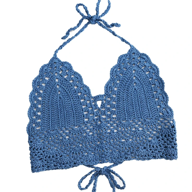 Women Crochet Halter Neck Bikini Top Adjustable Strings Knitted Crop Tops Bra Crochet Bra Top Halter Neck Knitted Bikini Top Beach Crochet Bikini Top Hollow Out Summer Bikini Top (XL)