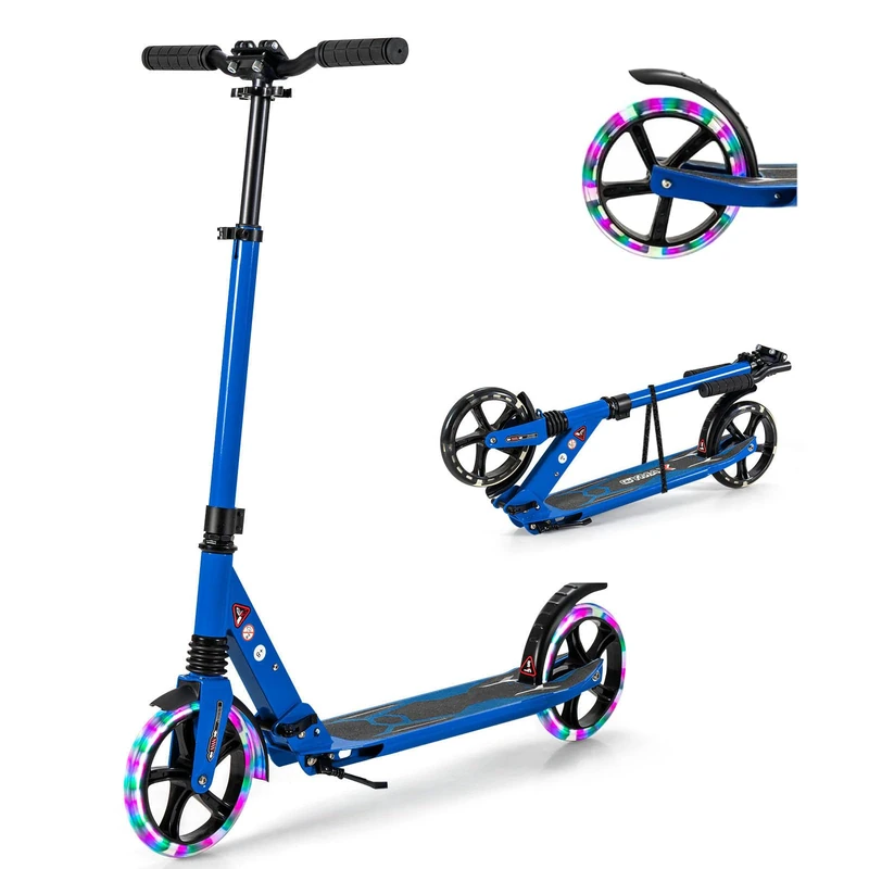 GYMAX Foldable Kick Scooter, Height Adjustable City Scooter with Light Up Wheels, Shock-Absorbing System, Non-Slip Deck & Rear Brake, Lightweight Scooters for Kids Adults and Teens (Blue)