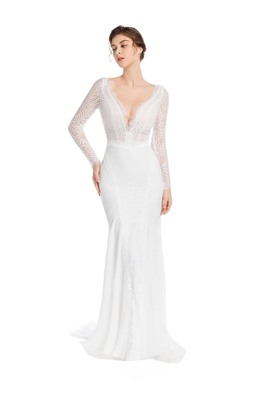 Sorayan Mermaid Wedding Dresses for Bride Classy lace Boho Long Sleeve Open Back Bohemian Wedding Gowns, White, L