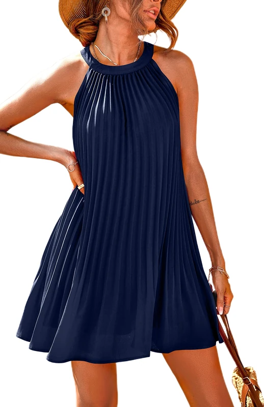 PRETTYGARDEN Women's Cute Halter Neck Sleeveless Mini Dress Solid Color Flowy Pleated Beach Dress Sundress, Navy, M - Image 1
