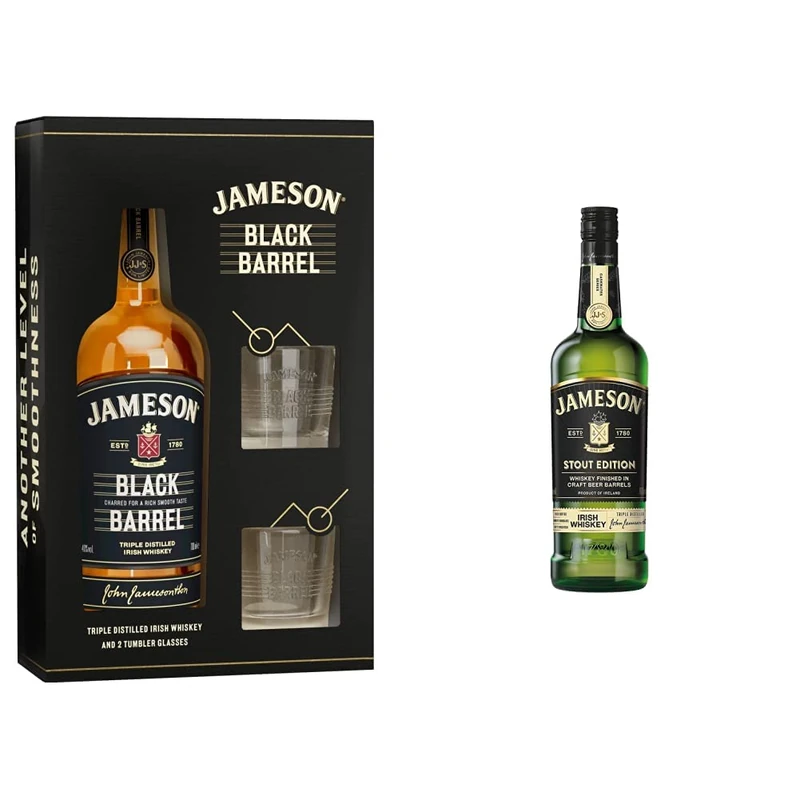 Jameson Black Barrel Irish Whiskey Glasses Gift Set, 70 cl & Stout Edition Irish Whiskey, 700ml