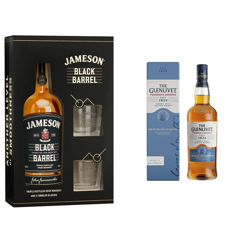 Jameson Black Barrel Irish Whiskey Glasses Gift Set, 70 cl & The Glenlivet Founder's Reserve Single Malt Scotch Whisky with Giftbox, 700ml