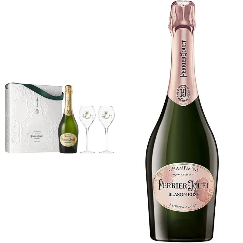 Perrier-Jouët Grand Brut Champagne, 75 cl with 2 flutes & Perrier Jouët Blason Rose Champagne, 75 cl