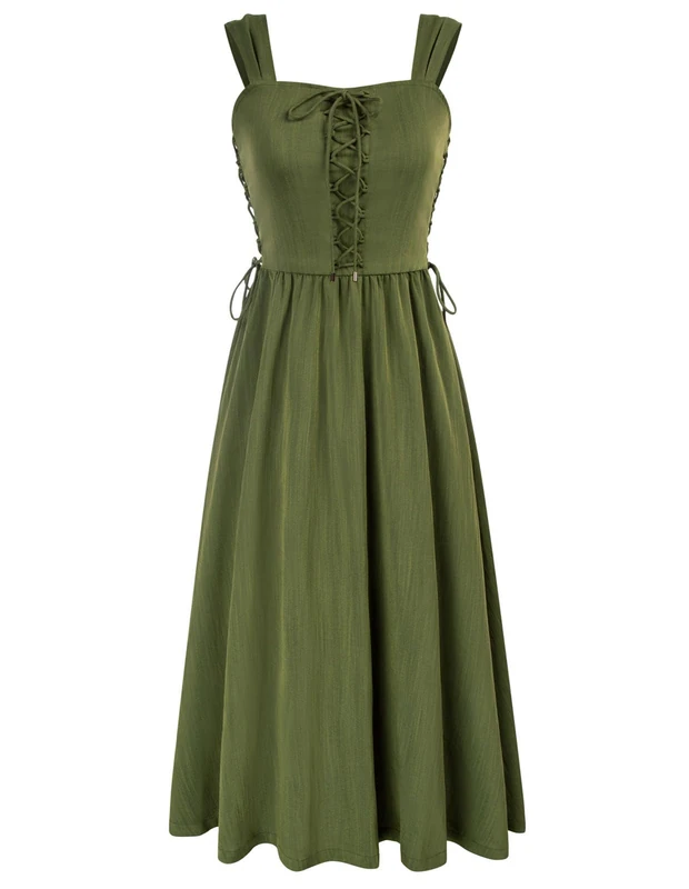 SCARLET DARKNESS Women Renaissance Summer Midi Dress Cottagecore Sleeveless Lace Up Dress, Green, XXL