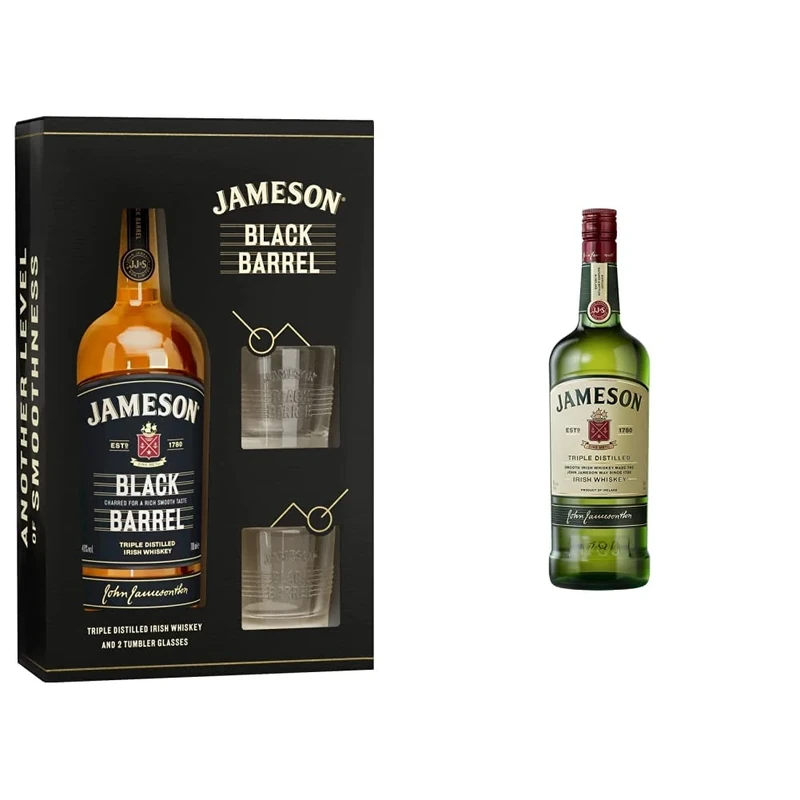 Jameson Black Barrel Irish Whiskey Glasses Gift Set, 70 cl & Irish Whiskey Original Blended and Triple Distilled, 1L