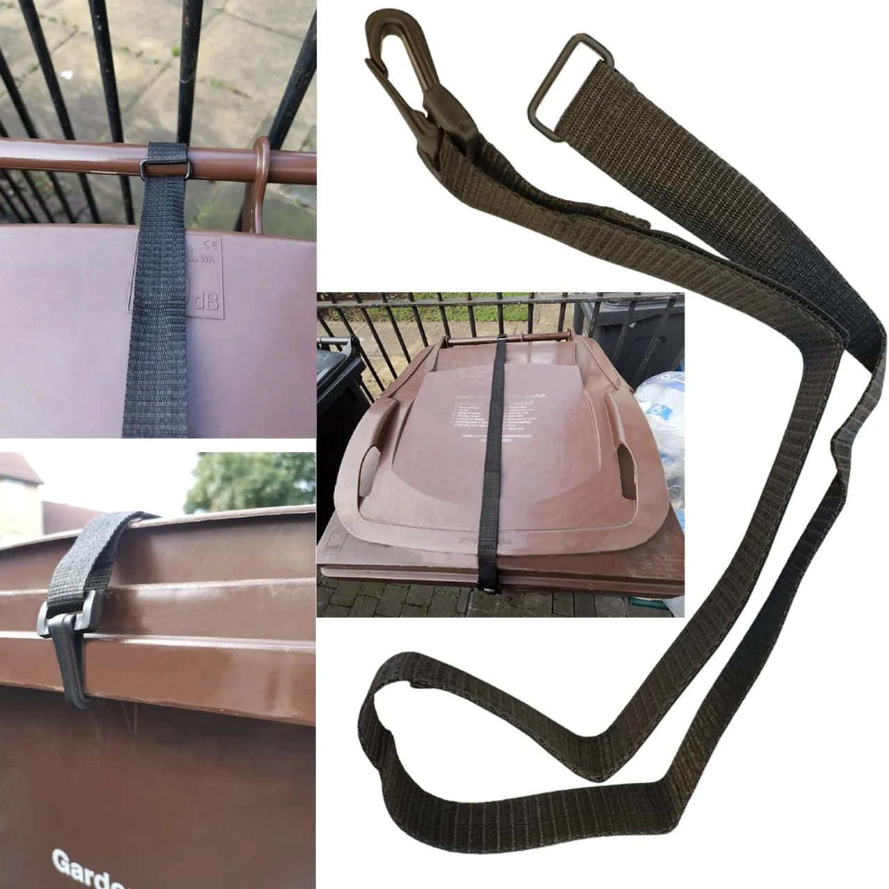 Wheelie Bin Lid Adjustable Securing Black Strap Clips Lock 120/240 Ltr Bin Wind Storm Animal Protection