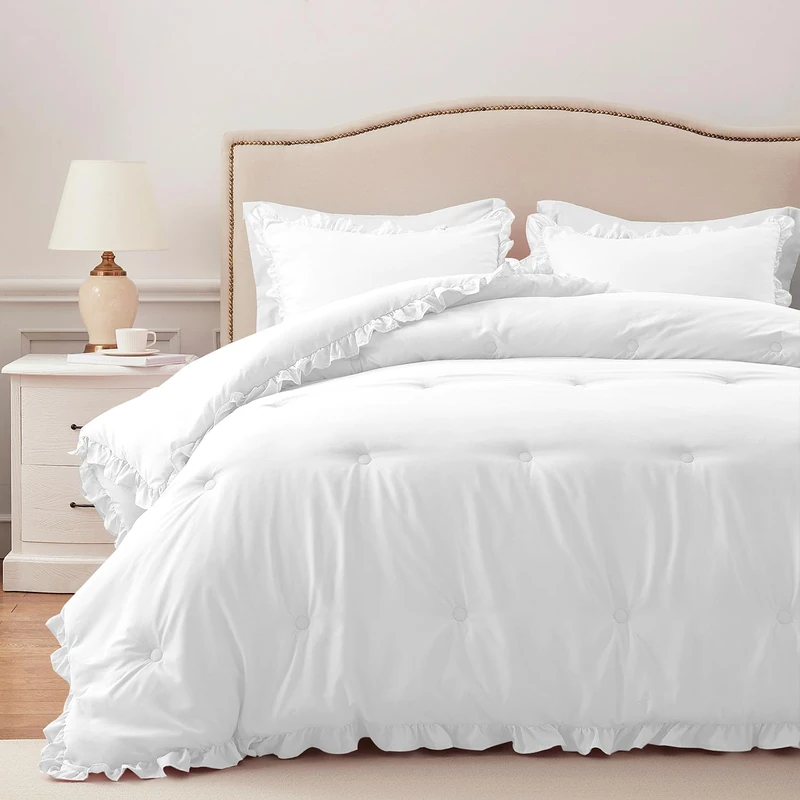 HARBOREST Twin Size Quilt Set - 2 Pieces Lightweight Ruffled Bedding Set - Soft Vintage Farmhouse Style Bedding Set with 1 Pillow Sham (Twin/Twin XL, 66"x92", White) - Image 1