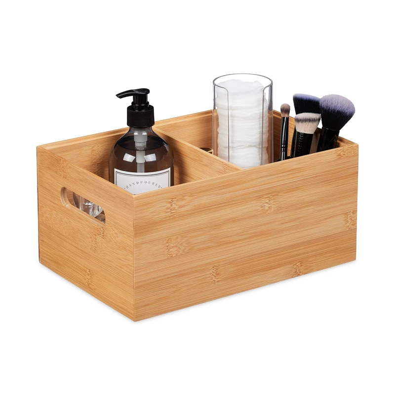 Relaxdays Storage Box, 2 Compartments, Stackable, Handles, H x W x D: 14 x 30 x 20 cm, Bamboo, Natural