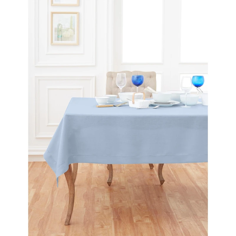 Solino Home Linen Tablecloth 60 x 132 Inch – 100% Pure Linen Table Cover for Mother Day, Summer, Indoor, Outdoor – Classic Hemstitch Rectangle Tablecloth Sky Blue – Handcrafted from European Flax