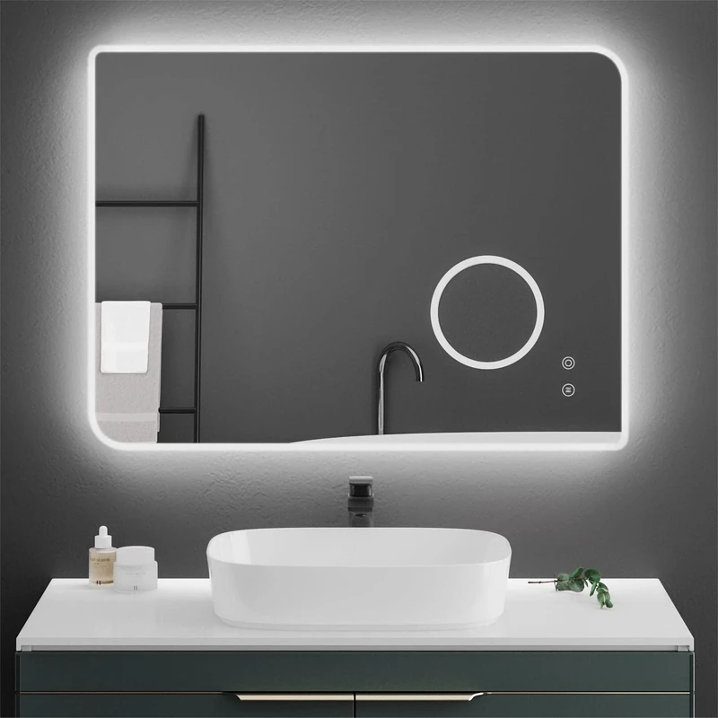 Meerveil Bathroom Mirror with LED Lights, Wall Mounted Mirror with Illuminated Backlit 3x Magnification Demister and Dimmable Brightness, for Bathroom, 800×600 mm