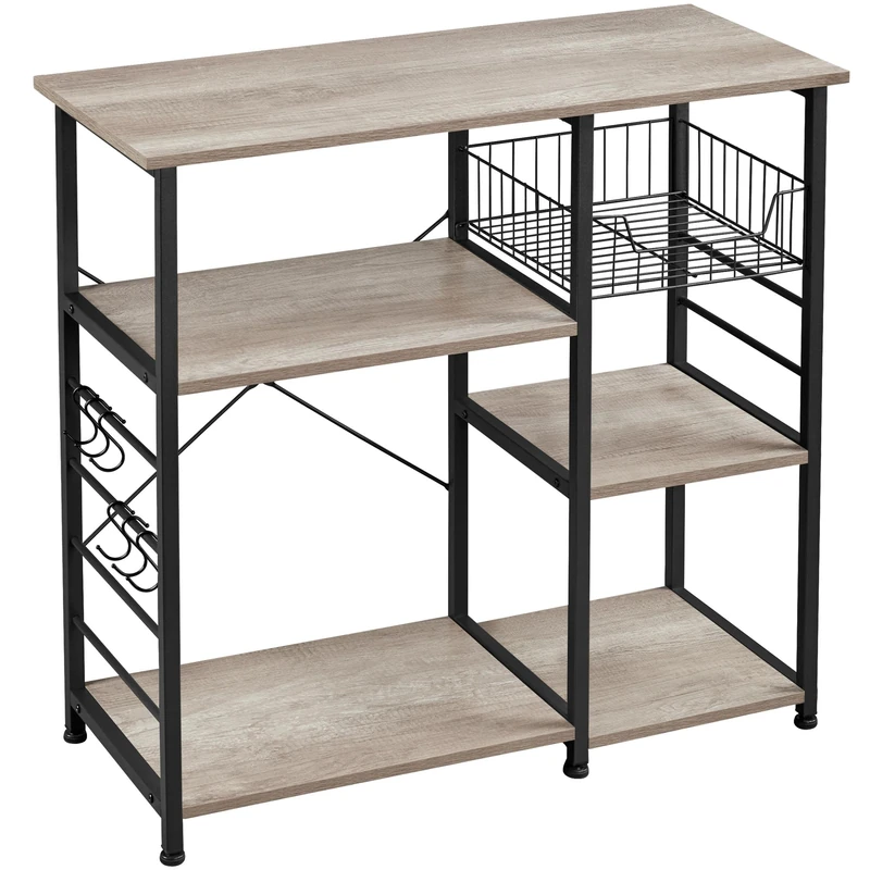 Yaheetech Kitchen Baker's Rack, Microwave Oven Storage Rack with Metal Mesh Basket and 6 S-Hooks, Utility Storage Shelf Coffee Bar Station, 90 x 39 x 84cm, Grey