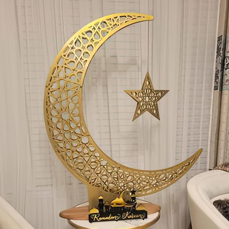 iwa concept Metal Crescent Islamic Decor, Moon and Star Ramadan Art, Islamic Table Top Decoration Gift for Muslims in Ramadan Eid (102 x 86 cm | 40.2 x 33.9 inches | Large)