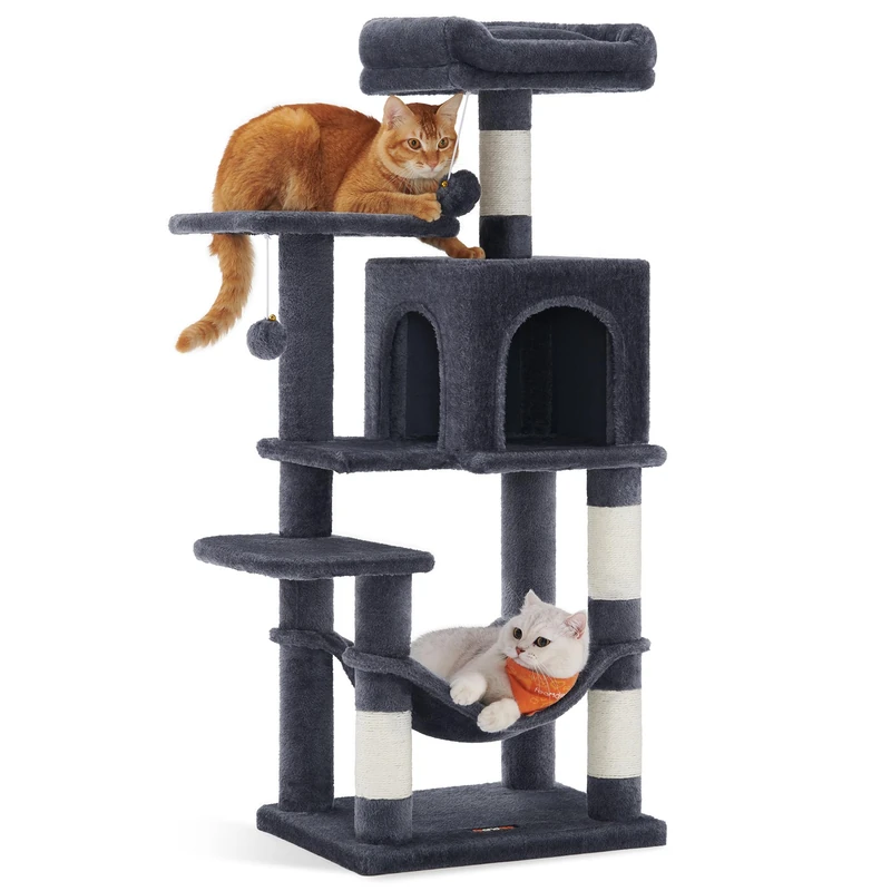 Feandrea Cat Tree Tower, 112 cm Multi-Level Plush Cat Condo with 4 Scratching Posts, 2 Perches, Cave, Hammock, Pompoms, Smoky Grey PCT261G01 - Image 1