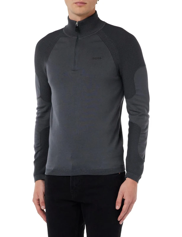BOSS Mens Perform-X QZ Cotton-Blend Zip-Neck Sweater with Logo Detail Grey