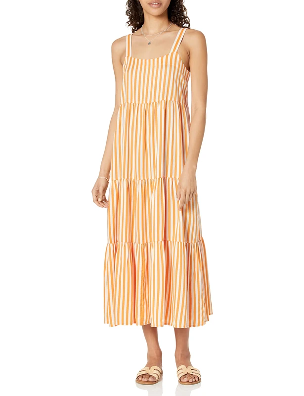 The Drop Women's Britt Tiered Maxi Tent Dress, Orange Stripe, M