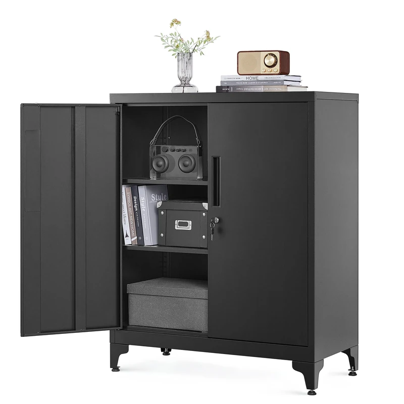 SONGMICS Multipurpose Steel Storage Cabinet with 2 Lockable Doors and Shelves for Study, Living Room, Garage, Office, Black OMC013B01