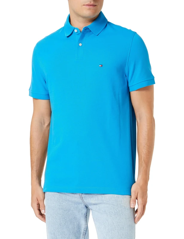 Tommy Hilfiger Men's Polo Shirt Short-Sleeve Regular Fit, Blue (Cerulean Aqua), XXL