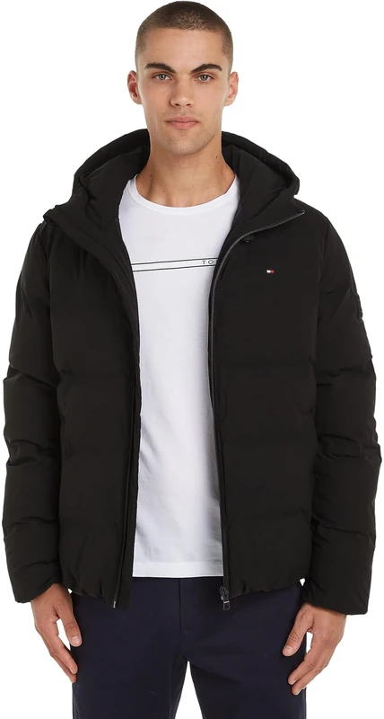 Tommy Hilfiger Men's Hooded Jacket for Transition Weather, Black (Black), XXL