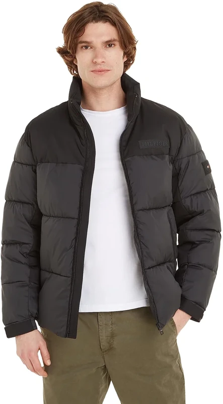 Tommy Hilfiger Men's Puffer Jacket Winter Jacket for Transition Weather, Black (Black), L