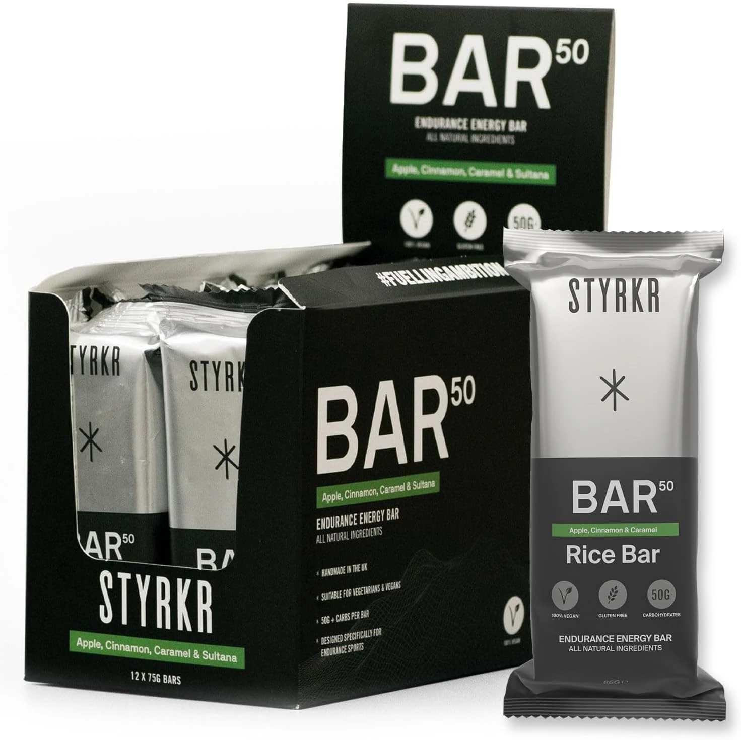 Energy Bars by Styrkr - Pack of 12 Rice Bars for Cycling & Running - Apple, Cinnamon & Caramel Flavour - Approved by Endurance Athletes - 50g of Carbs via Advanced Dual-Carb Formulation - BAR50-12x