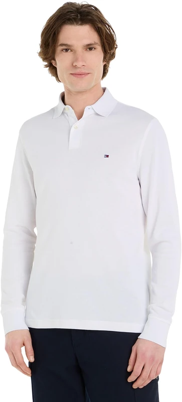 Tommy Hilfiger Men’s Regular Fit Long Sleeve Polo Shirt with Button Placket, White (White), XS