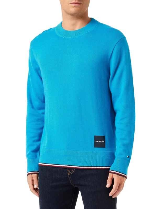 Tommy Hilfiger Men's Jumper Tipped Crew Neck Pullover, Blue (Cerulean Blue), L