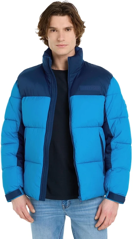 Tommy Hilfiger Men's Puffer Jacket Winter Jacket for Transition Weather, Blue (Cerulean Aqua), S