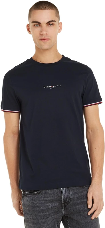 Tommy Hilfiger Men’s Short Sleeve Round Neck Logo Tipped T-Shirt, Blue (Desert Sky), L - Image 1